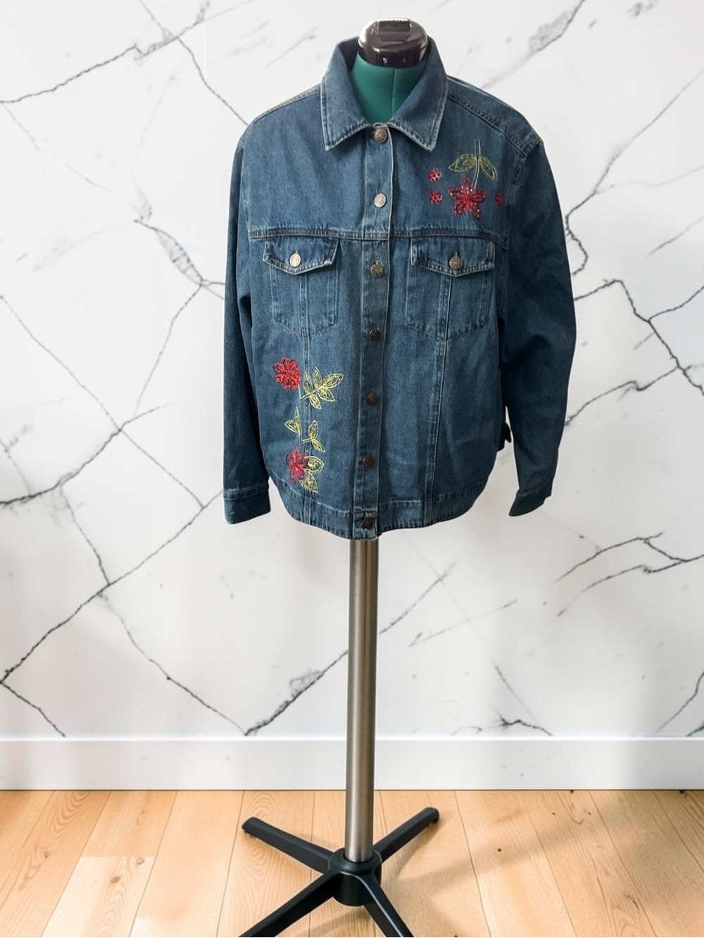 Embroidered Denim Jacket with Red Floral Accents P:25” L:27”